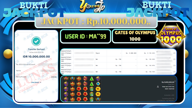 BUKTI WITHDRAW YOWESWD KEMENANGAN JACKPOT DI SLOT GATES OF OLYMPUS 1000