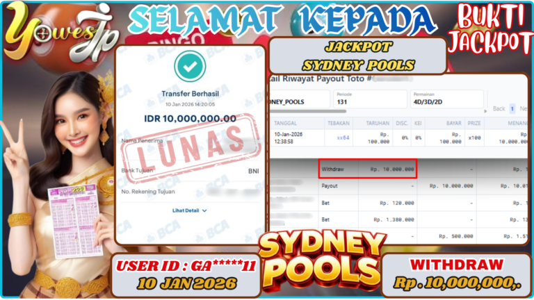 BUKTI WITHDRAW YOWESWD KEMENANGAN JACKPOT DI SYDNEY POOLS