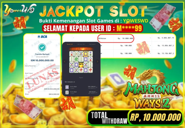 BUKTI JACKPOT KEMENANGAN SLOT MAHJONG WAYS 2 Rp 10,000,000 DI SITUS YOWESWD 9 February 2026