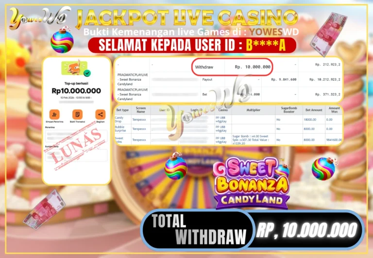 BUKTI JACKPOT KEMENANGAN PRAGMATICPLAYLIVE – Sweet Bonanza Candyland Rp 10,000,000 DI SITUS YOWESWD 10 February 2026