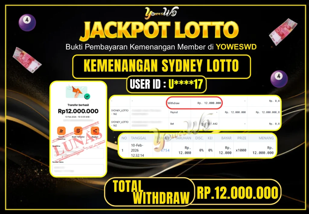 BUKTI JACKPOT KEMENANGAN SYDNEY POOLS Rp 12,000,000 DI SITUS YOWESWD 10 February 2026