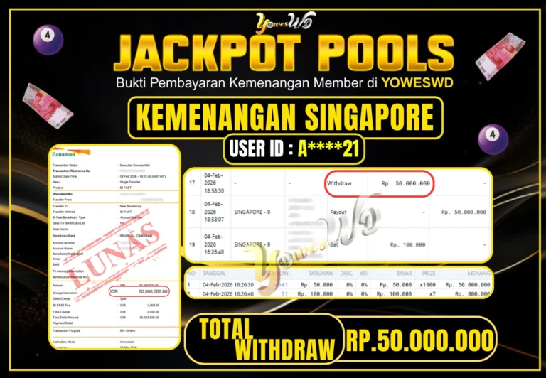 BUKTI JACKPOT KEMENANGAN SINGAPORE POOLS Rp 50,000,000 DI SITUS YOWESWD 4 February 2026