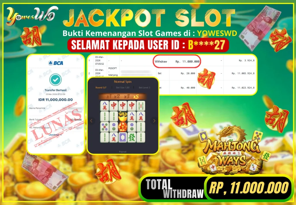 BUKTI JACKPOT KEMENANGAN SLOT MAHJONG WAYS 2 Rp 11,000,000 DI SITUS YOWESWD 03 MARET 2026